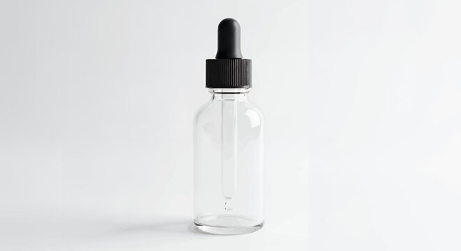 Empty glass dropper bottle with black cap on white background