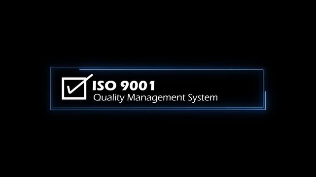 Abstract ISO 9001 certification neon rectangle badge with check mark icon on black background. Certification for international standards. ISO Environmental management certification icon animation.