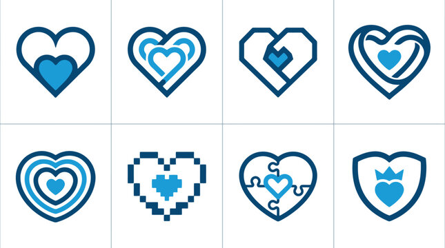 Minimalist blue heart icons, set of 8 geometric love symbols in vector format, modern pixel and puzzle heart logos for branding and healthcare