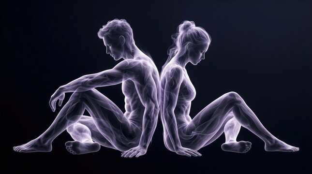 Glowing ethereal male, female figures sitting back-to-back on dark background. Abstract human anatomy, spiritual connection.