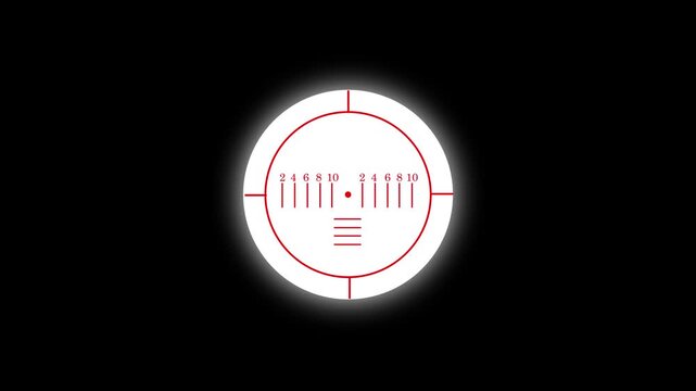 Sniper scope reticule animation for target aiming and alignment. Cross hair sight indicator with distance and scale markings. Lens effect, Rifle scope, suitable for Military video overlays.