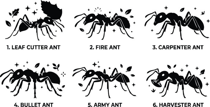 Black and white leaf cutter fire carpenter bullet army and harvester ants vector art