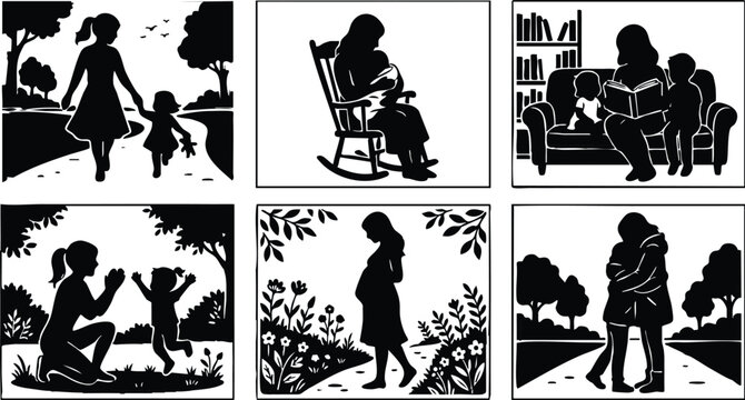 Black and white silhouette scenes of mother and children in various activities and settings