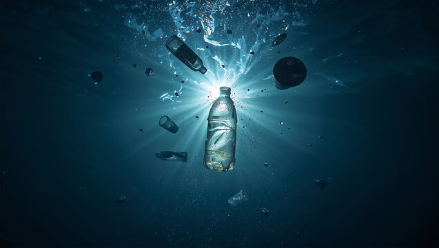 強い光に照らされた海中のプラスチックごみを描く啓発向け写真