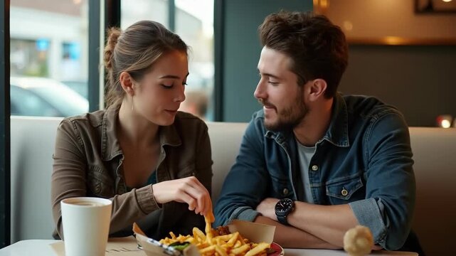 Happy diverse couple enjoying food at the restaurant, indulging in the guilty pleasure of fast food.