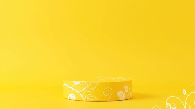 A yellow podium with a white floral pattern sits on a matching yellow surface against a solid yellow background with white decorative elements.
