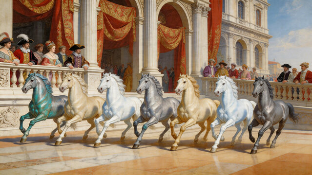 7 Running Horses in Renaissance Palace with Royal Audience