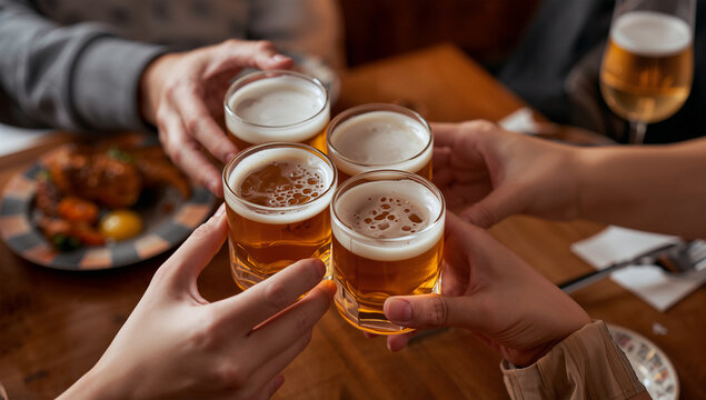 クラフトビールで気軽に乾杯する日本人のカジュアルな飲み物写真