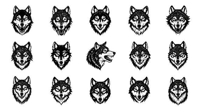 Collection of stylized wolf head illustrations with fierce expressions and detailed fur textures presented as graphic elements on a clean white background ideal for tattoos