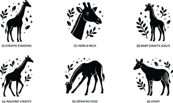 Black and white silhouette giraffe family vector art set with okapi and foliage accents