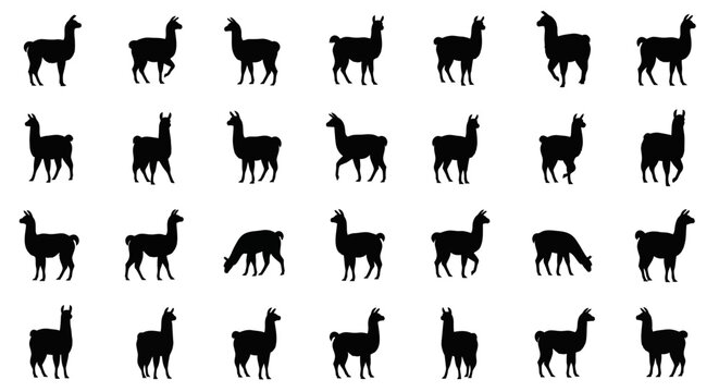 Collection of diverse black llama silhouettes showcasing various poses and actions against a clean white background ideal for graphic design and conceptual art