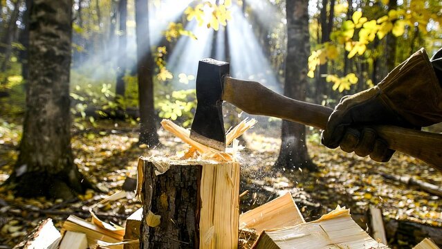 Skilled hands in protective gloves swing a sharp axe to efficiently split a log into firewood.