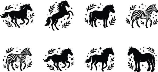 Obraz premium Black and white silhouette horses and zebras with decorative leaves and sparkles vector art