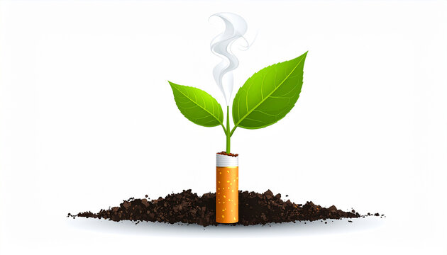 A cigarette butt grows into a plant from soil with smoke rising