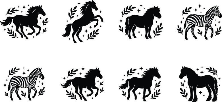 Black and white silhouette horses and zebras with decorative leaves and sparkles vector art