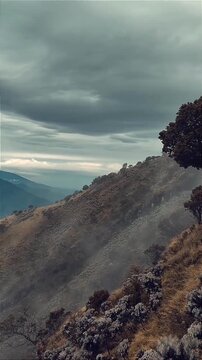 Panoramic View of Mount Sumbing under Moody Stormy Sky