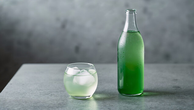冷たい緑茶を涼やかに見せるガラス酒器風の飲み物写真