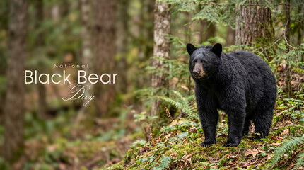 Naklejka premium National Black Bear Day banner with wild animal in green forest