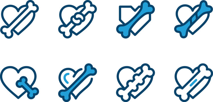 Acht verschiedene Icons, die ein Herz und einen Knochen in blauen und wei&szlig;en Farben darstellen, ideal f&uuml;r Tiergesundheit, Haustierliebe oder medizinische Themen.