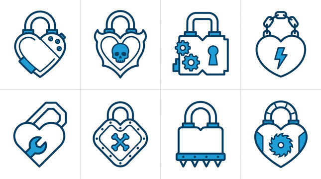 Vielf&auml;ltige Icons von Vorh&auml;ngeschl&ouml;ssern, darunter Herzschl&ouml;sser mit Zahnr&auml;dern, Totenk&ouml;pfen und Werkzeugen, in Blau und Schwarz.