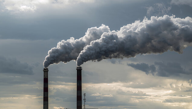 厚い雲の下で煙を吐く工場煙突を捉えた大気汚染の記録写真