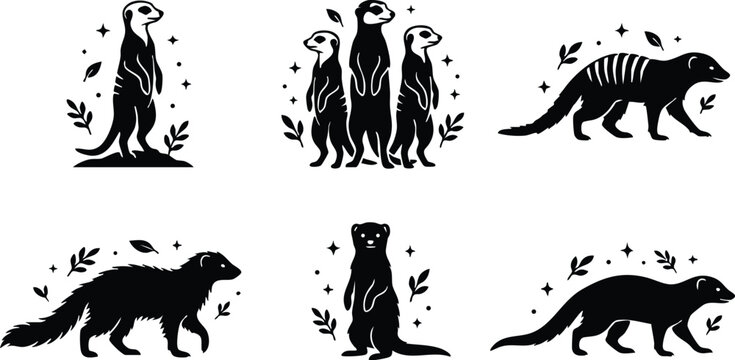 Black silhouette group of meerkat and mongoose animals with decorative leaves