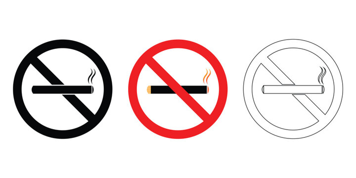 Three no smoking signs in black red outline versions with no entry prohibition cigarette restricted forbidden abstinence prevention negative antismoking no_entry