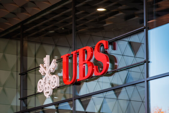 Wroclaw, Poland - March 16 2025: UBS Bank Logo and Corporate Signage with Three Keys Symbol on a Modern Glass and Metal Office Building Facade Global Financial Services and Banking Industry