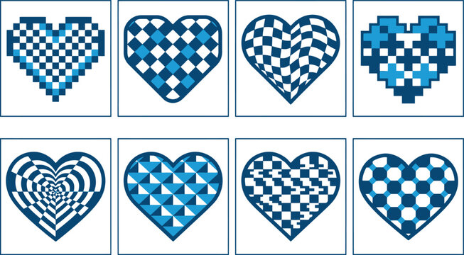 Eine Sammlung von acht Herzen mit vielf&auml;ltigen blau-wei&szlig;en Schachbrett- und geometrischen Mustern, einige pixelig, andere verzerrt.