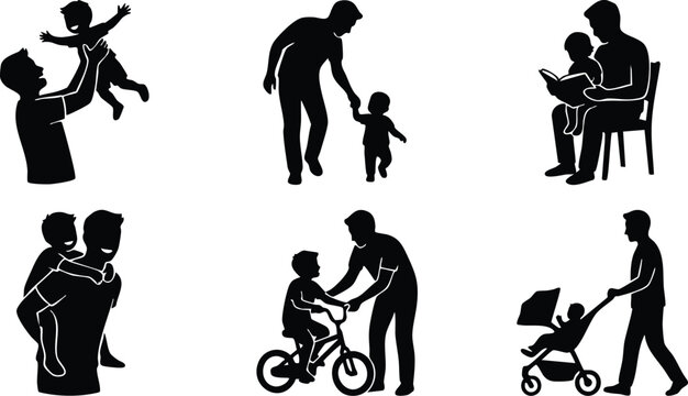 Black and white silhouette father playing lifting reading teaching cycling walking with child