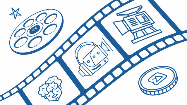 A blue vector graphic illustration of film and movie icons on a film strip