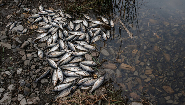 湖畔で魚がへい死した静かな水辺の異常を示す環境写真