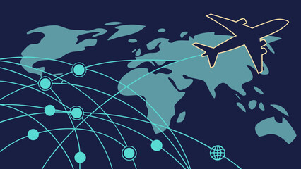 A vector graphic illustration of a plane flying over a world map with connecting lines and dots © Muhammad