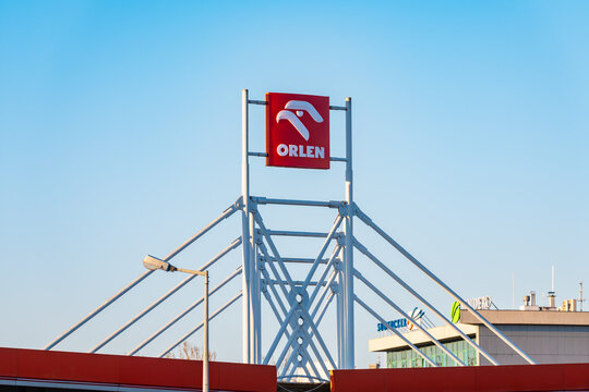 Wroclaw, Poland - March 19 2025: Orlen Petrol Station Logo and Branding on Canopy and Totem Signage in Wroclaw Poland Red and White Corporate Identity of Polish National Oil and Gas Retailer