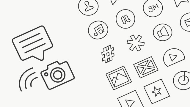 A minimalist vector graphic illustration of various social media and communication icons in a flat design style