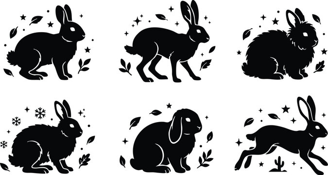 Black and white silhouette rabbit collection with stars leaves and snowflakes vector art