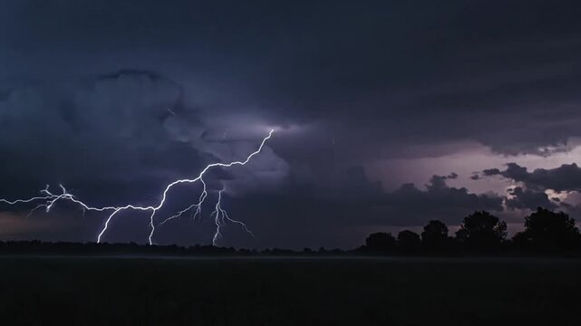 Dramatic lightning storm in dark sky.