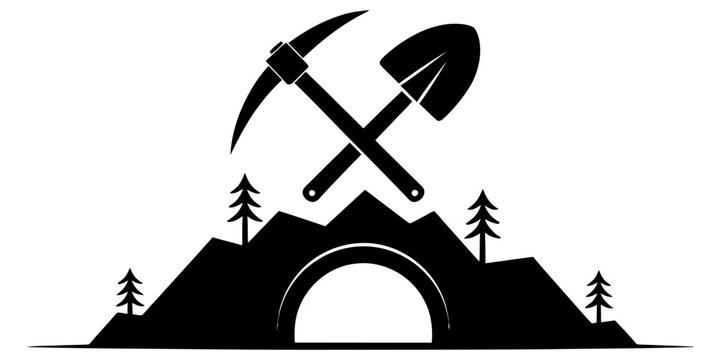 A black and white graphic design illustration showing a pickaxe and a shovel crossed over a mountain range with a tunnel portal. Vector, illustration