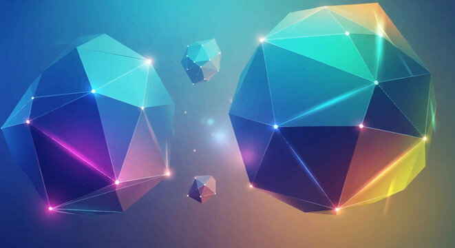 Colorful geometric polyhedra shapes with glowing points