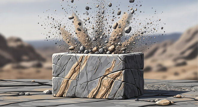 Stone Podium with Exploding Rock Particles and Dust Splash in Desert Landscape