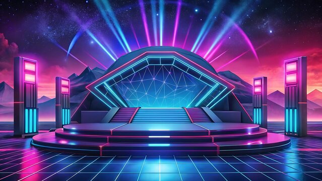 Futuristic neon stage with vibrant lights under a starry sky, perfect for concerts and events.