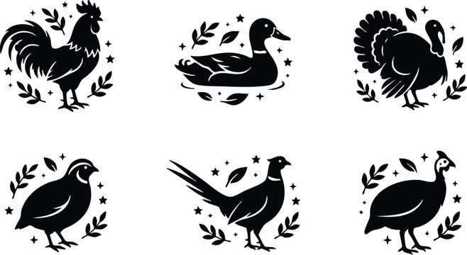 Black and white silhouette animals set with rooster duck turkey quail pheasant and guineafowl