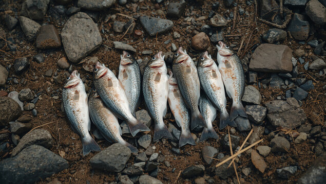 河川調査の記録用に魚のへい死状況を残した環境写真