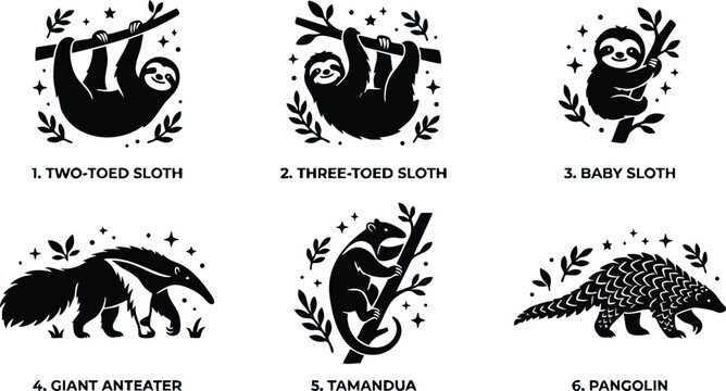 Two toed sloth three toed sloth baby sloth giant anteater tamandua and pangolin silhouettes