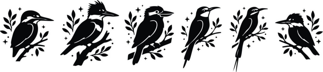 Fototapeta premium Black and white silhouette set of six kingfisher birds sitting on branches with leaves and sparkles