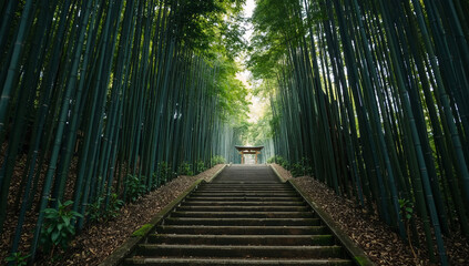 Fototapeta premium 竹林に囲まれた石段の道が奥へ伸びる静かな和風風景写真