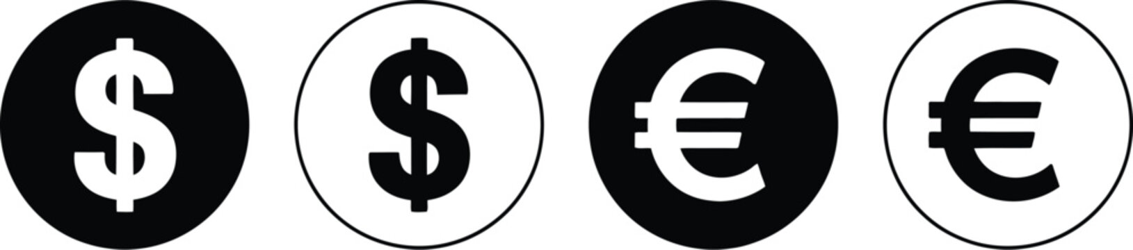 Currency icon set, dollar euro vector symbols representing internet money bank wallet payment earnings and financial transaction concepts.