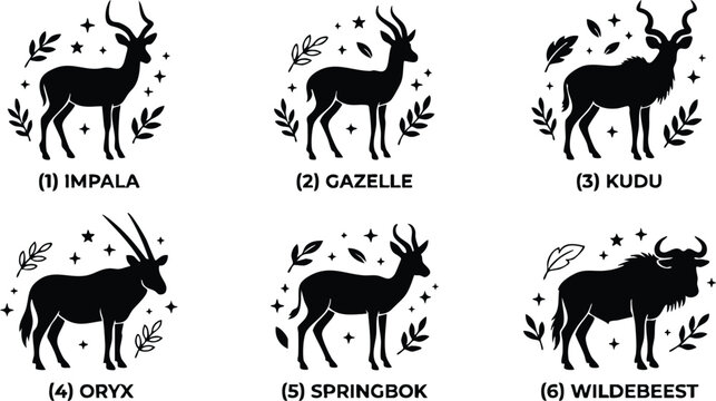 Six antelope animal silhouettes with stars and leaves