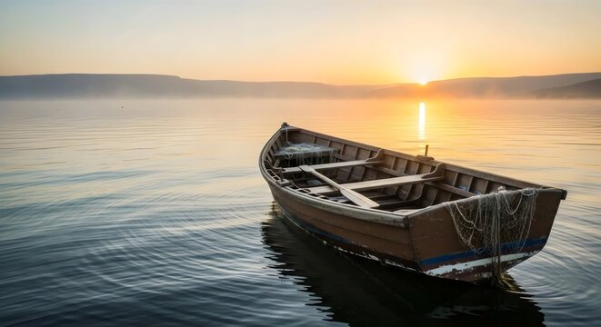 Serene biblical landscape of empty fishing boat on Sea of Galilee at dawn surrounded by golden fog