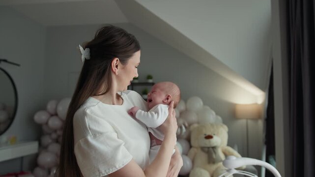 Mother tenderly embraces her newborn baby, showcasing a moment of profound love and connection in a serene setting. Family affection, care, warmth, comfort, nurturing, parenthood, precious bond